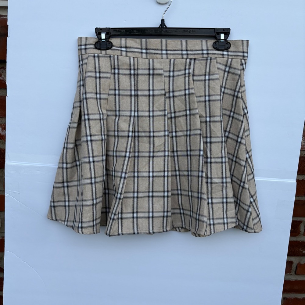 Blu Pepper Tan Plaid Pleated Mini‎ Skirt Womens Large BIFS1008 Preppy Schoolgirl